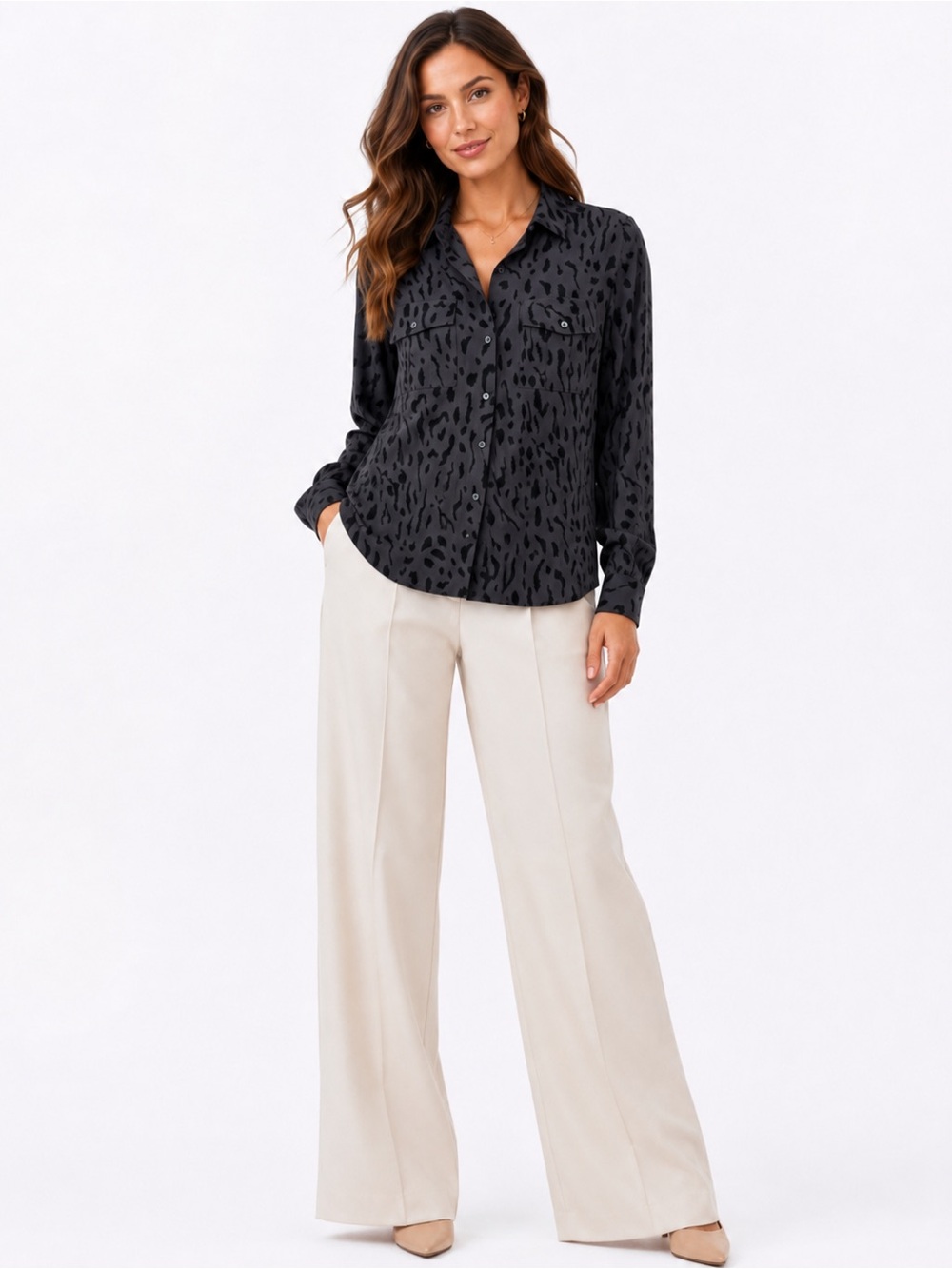 Rails Rhett Ash Cheetah Button Down Blouse M Charcoal Black Animal Print